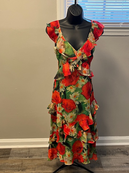 Hope & Ivy Dresses & Skirts - Red Floral Ruffle Maxi Dress in Green Background